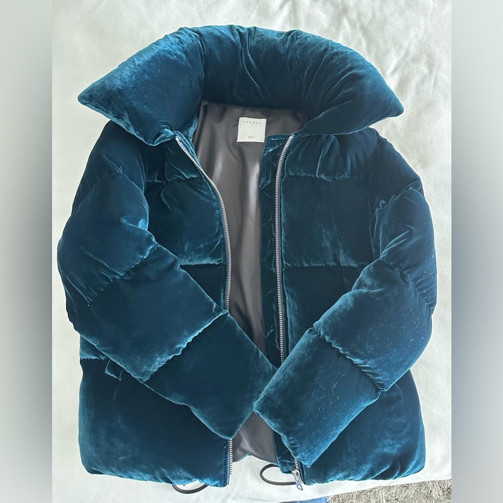 Sandro Blue Velvet Puffer Jacket with High Collar
